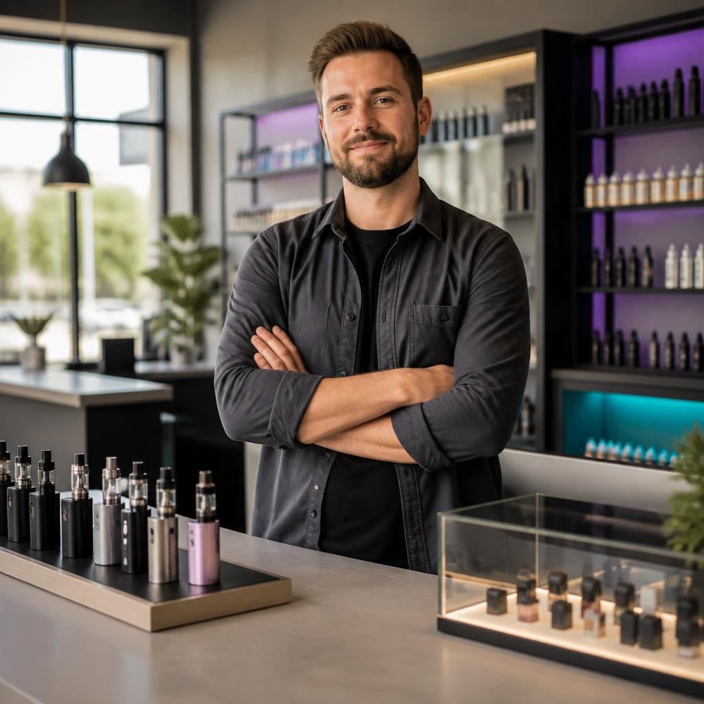 Vape shop owner behind a modern counter