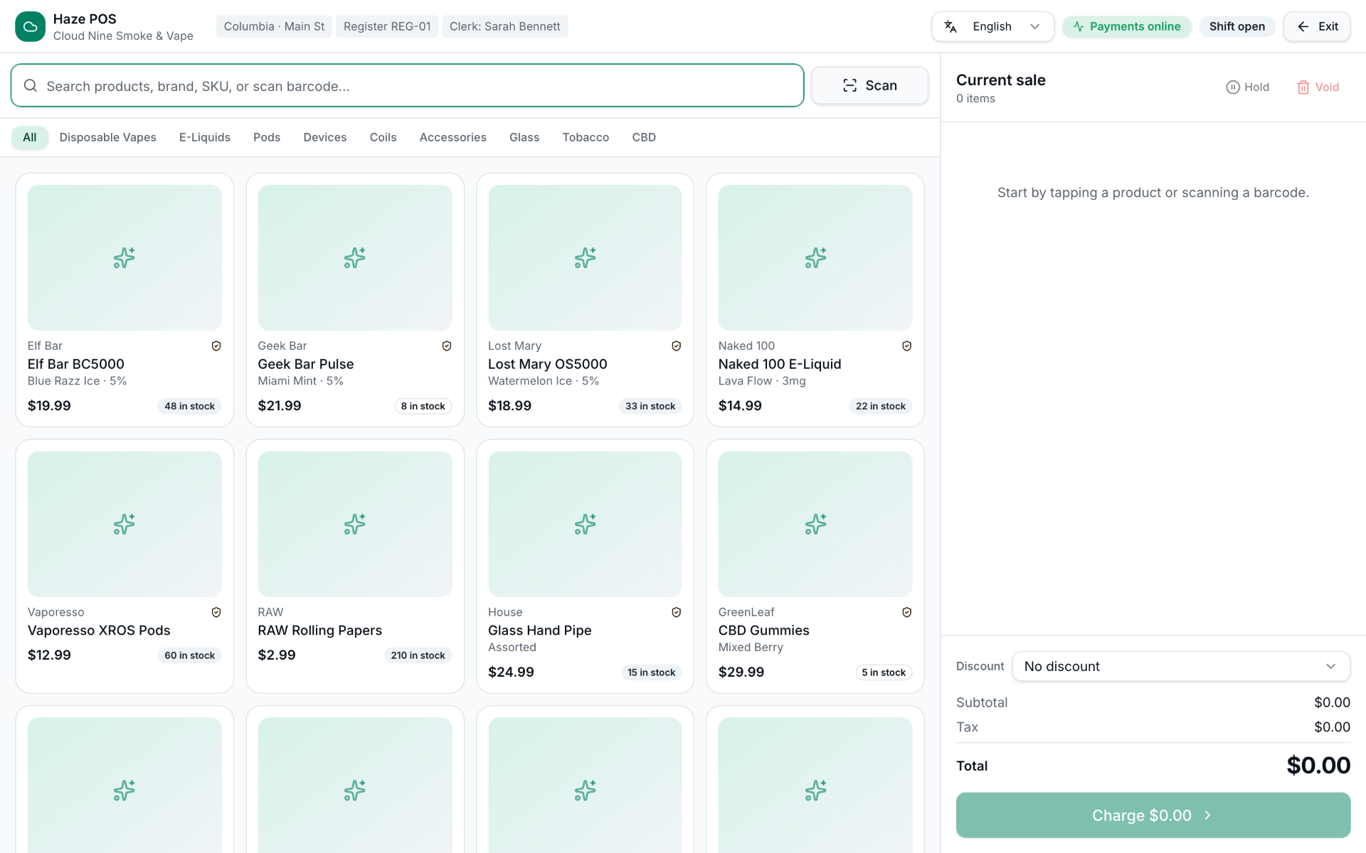 Register — A clean, fast register your staff learns in minutes — barcode scan, age checks, and live payment status built in.